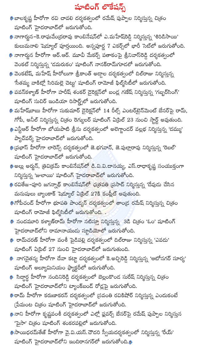 balakrishna in srimannarayana shooting,nagarjuna in shirdi sai shooting,venkatesh in seethamma vakitlo sirimalle chettu,ntr in dammu shooting,ramcharan in yevadu shooting,nagachaitanya in autonagar surya shooting  balakrishna in srimannarayana shooting, nagarjuna in shirdi sai shooting, venkatesh in seethamma vakitlo sirimalle chettu, ntr in dammu shooting, ramcharan in yevadu shooting, nagachaitanya in autonagar surya shooting